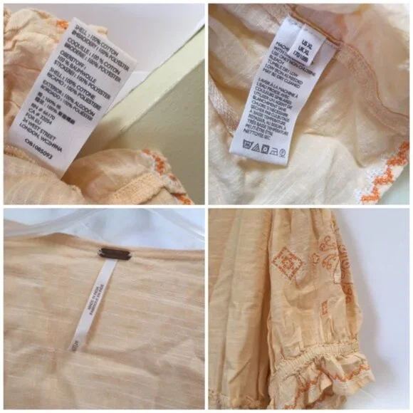 Free People Tallulah Embroidery Boho Crop Cotton Top Blouse XL Flowy Puff Sleeve - Picture 9 of 16